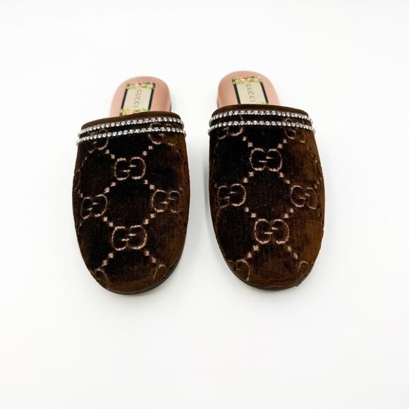 Gucci GG Brown Velvet Crystal Mules Slippers Loafers EU 38 US 8 - Picture 2 of 12